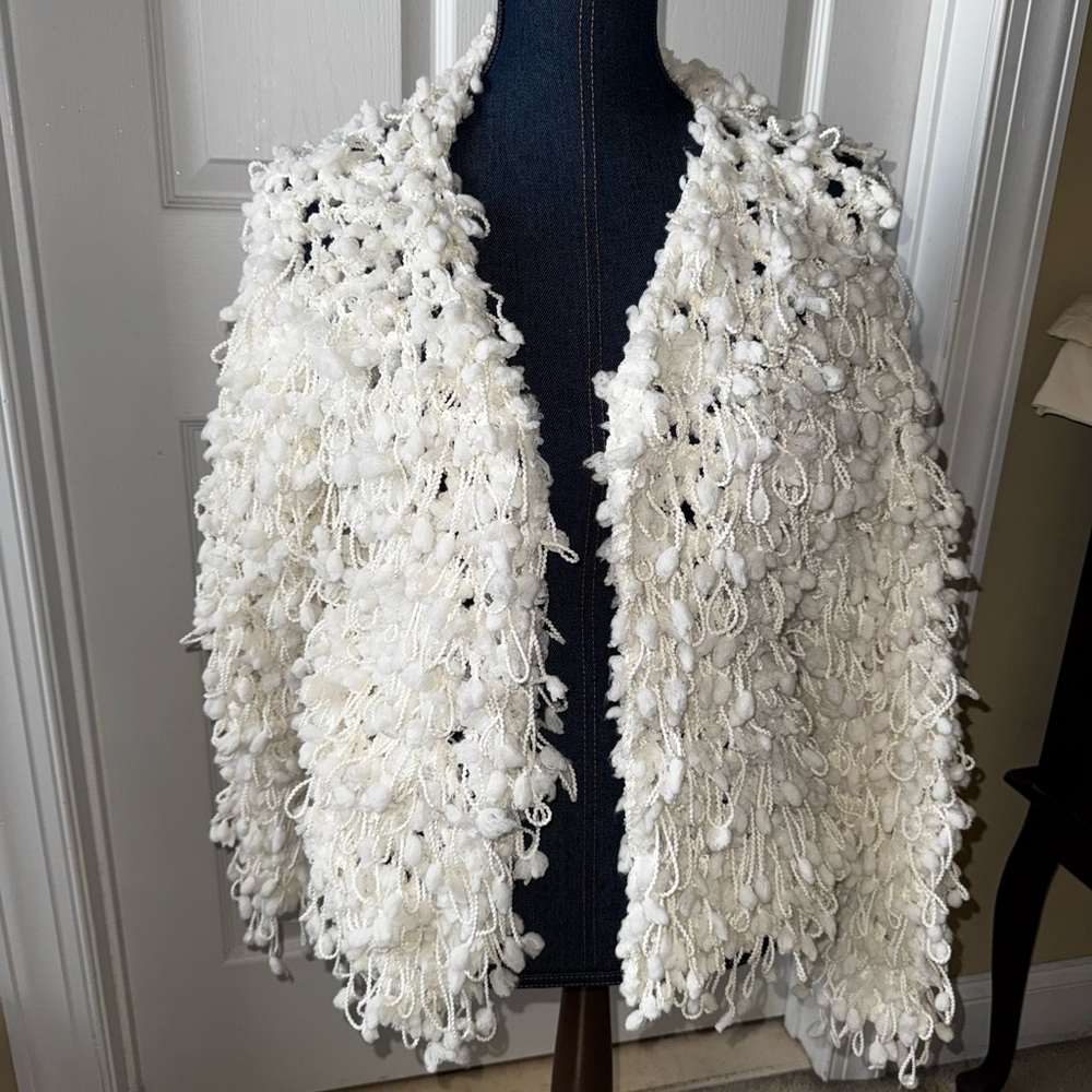 P. Cill Women’s Jacket Cardigan Sweater Pom Poms Fluffy Ivory NWT Sz S/M